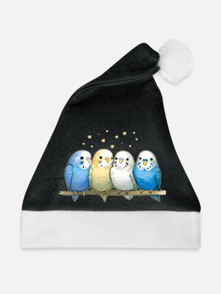 Wellensittiche Gruppe - Weihnachtsmütze - Schwarz/Weiß