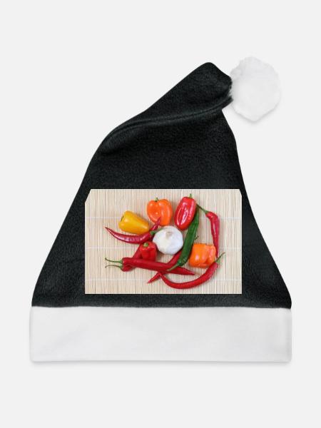 Bunte Chilischoten und Knoblauch - Weihnachtsmütze - Schwarz/Weiß - Vorne