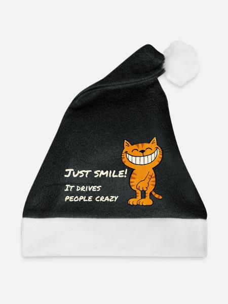 Just Smile – Freche grinsende Katze Spruch - Weihnachtsmütze - Schwarz/Weiß - Vorne