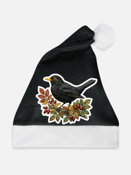 Heimische Amsel auf Hagebuttenzweig - Weihnachtsmütze - Schwarz/Weiß