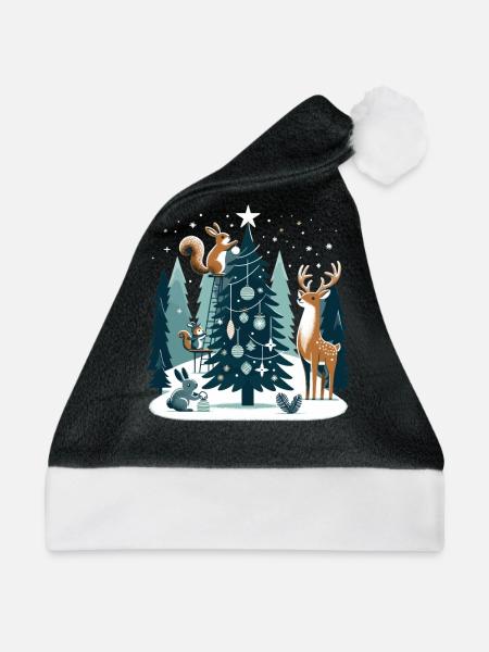 Weihnachtsdesign mit Waldtieren am Weihnachtsbaum - Weihnachtsmütze - Schwarz/Weiß - Vorne