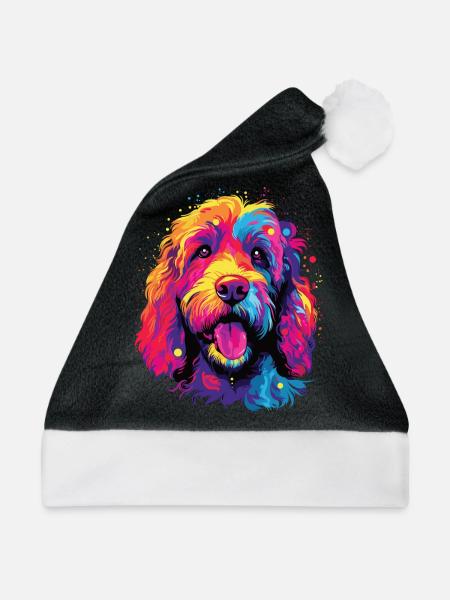 Wasserfarben Farbenfroher Labradoodle - Weihnachtsmütze - Schwarz/Weiß