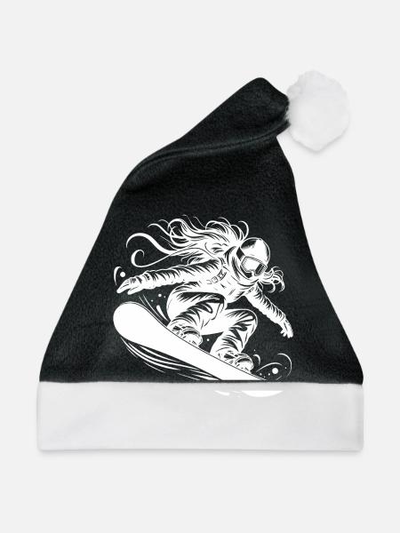Dynamische Snowboarderin im Action Sprung - Weihnachtsmütze - Schwarz/Weiß