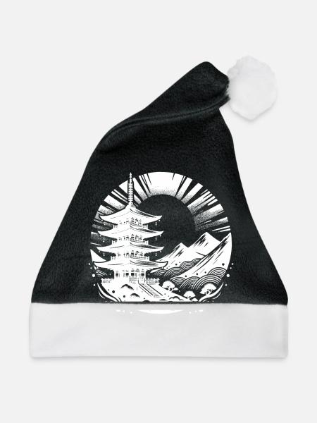 Asiatische Pagode Yoga Kunstmotiv mit Tempel - Weihnachtsmütze - Schwarz/Weiß - Vorne