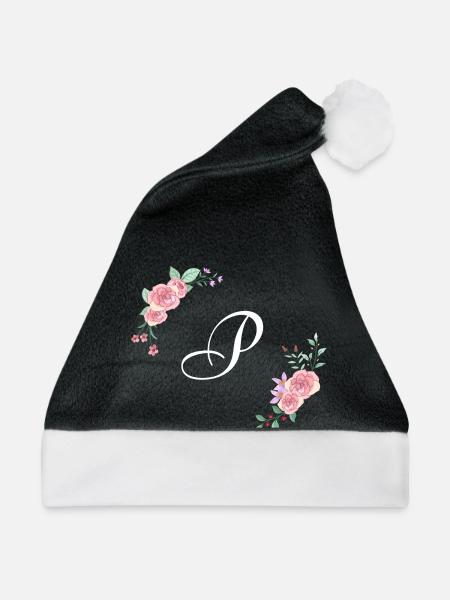 Rosa Blumenbuchstabe p - Weihnachtsmütze - Schwarz/Weiß