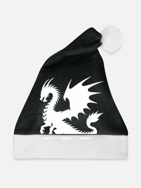 Stolzer imposanter Drache mit großen Flügeln - Weihnachtsmütze - Schwarz/Weiß - Vorne