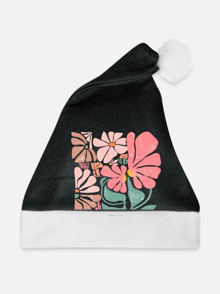 Groovy Retro Pink Blumen - Weihnachtsmütze - Schwarz/Weiß