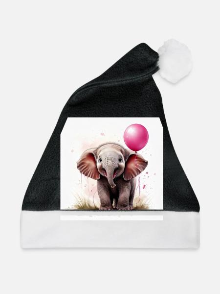 Elefant mit Luftballon - Weihnachtsmütze - Schwarz/Weiß