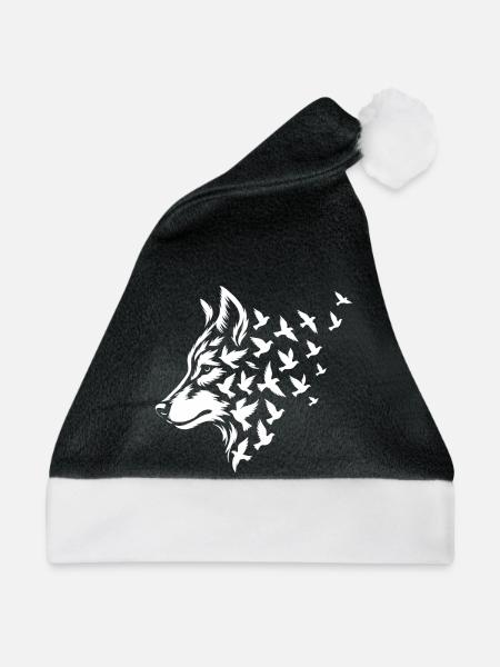 Stilisierter Wolf mit fliegenden Vögeln - Weihnachtsmütze - Schwarz/Weiß - Vorne