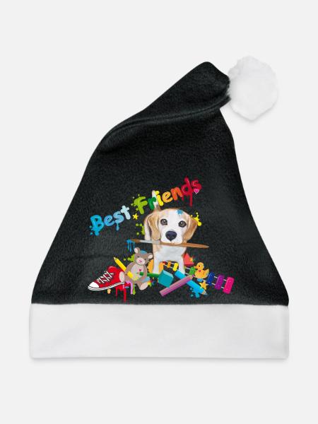Bunter Freundschaftsgruß mit Beagle & Spielzeug - Weihnachtsmütze - Schwarz/Weiß