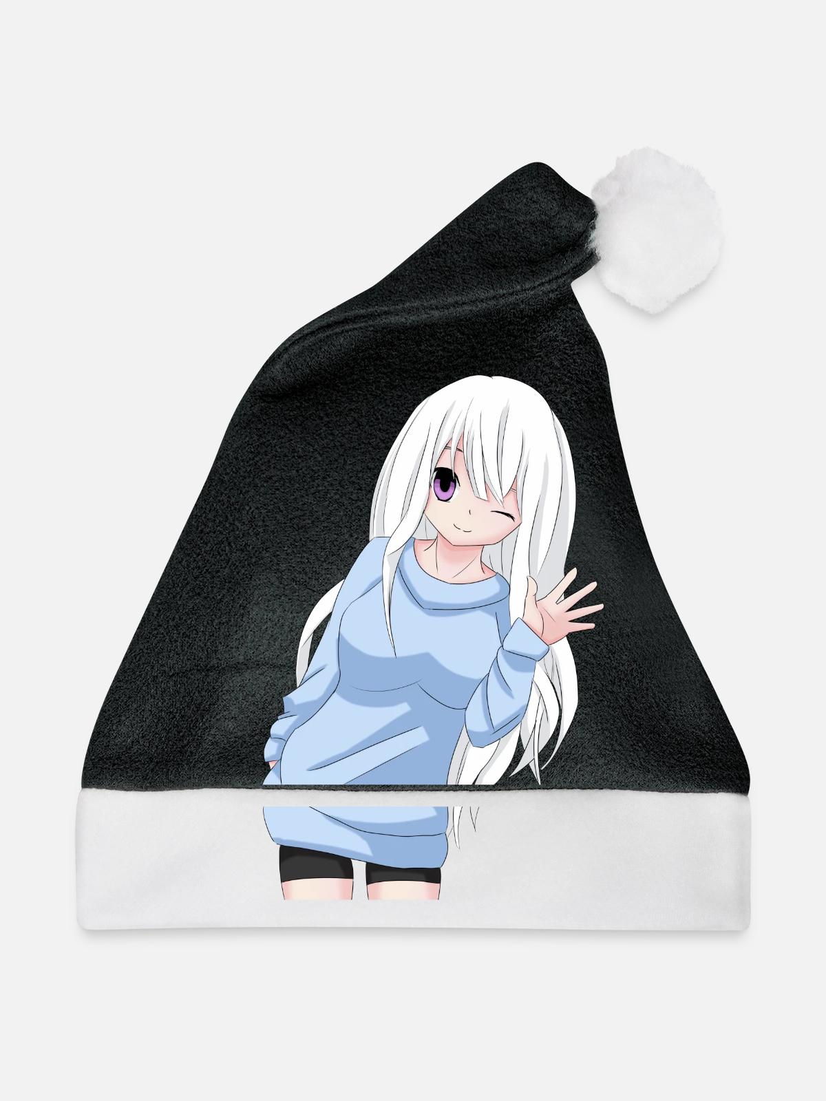 Anime-Mädchen winken - Weihnachtsmütze - Schwarz/Weiß - Vorne