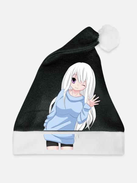 Anime-Mädchen winken - Weihnachtsmütze - Schwarz/Weiß