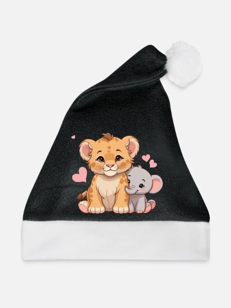 Babylöwe & Babyelefant – Süßes Freundschaftsmotiv - Weihnachtsmütze - Schwarz/Weiß