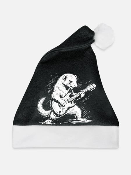 Frettchen mit Rock-Gitarre - Weihnachtsmütze - Schwarz/Weiß