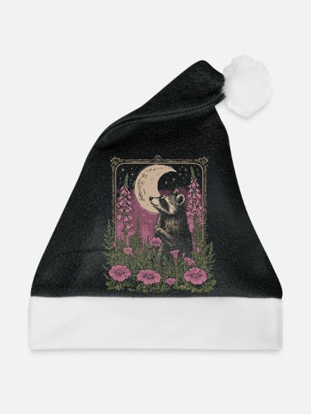 Waschbär Blumen Mond Vintage Cottagecore - Weihnachtsmütze - Schwarz/Weiß