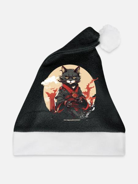 Japanische Kunst Katze Kawaii Anime - Weihnachtsmütze - Schwarz/Weiß - Vorne
