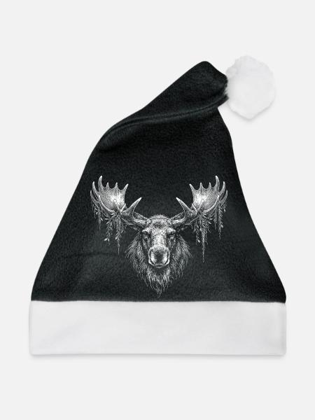Elchkopf mit Moosgeäst - Weihnachtsmütze - Schwarz/Weiß