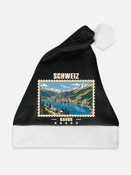 Schweiz Davos Vintage Reisemarke - Weihnachtsmütze - Schwarz/Weiß - Vorne