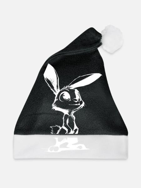 Schnuckeliges Häschen mit großen Augen und Ohren - Weihnachtsmütze - Schwarz/Weiß - Vorne