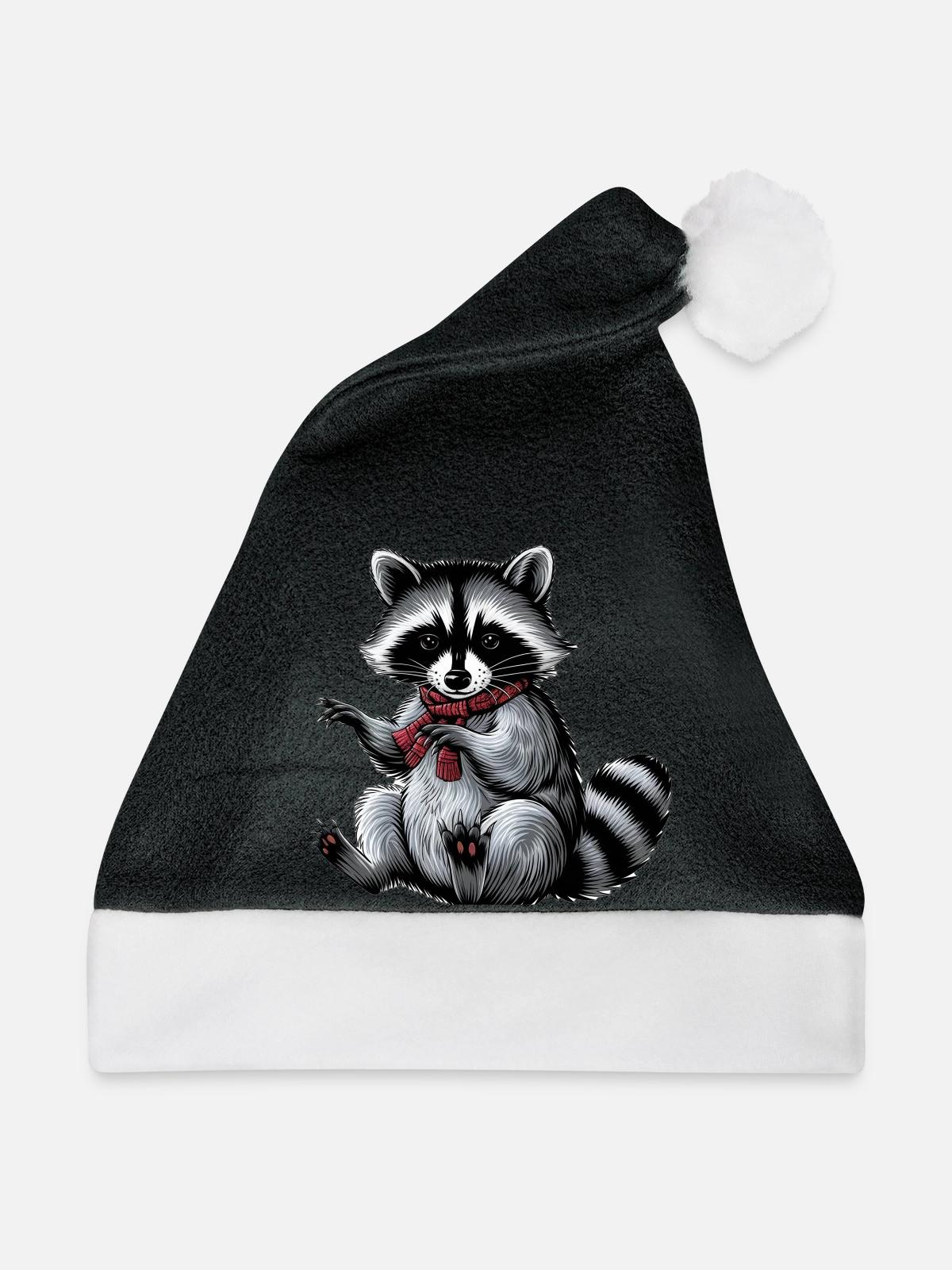 Waschbär bestickter Faden - Weihnachtsmütze - Schwarz/Weiß - Vorne