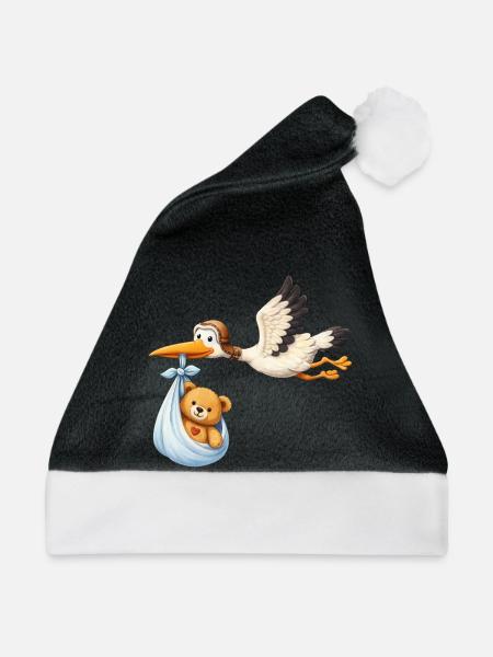 Storch Baby Lieferung Teddy im Tuch Geschenk Shirt - Weihnachtsmütze - Schwarz/Weiß - Vorne