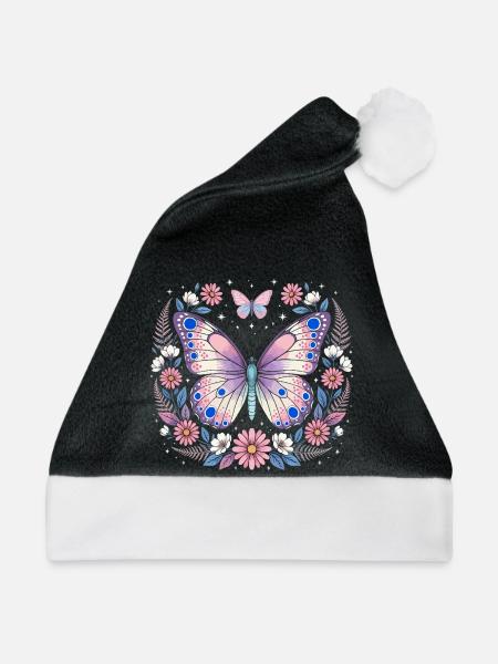 Pastellschmetterling im Blütenkranz - Weihnachtsmütze - Schwarz/Weiß