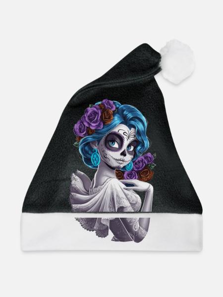 De Los Muertos mit einer Frau und Blumen für - Weihnachtsmütze - Schwarz/Weiß - Vorne