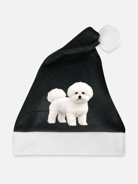 Realistischer Bichon Frise Welpe - Weihnachtsmütze - Schwarz/Weiß - Vorne