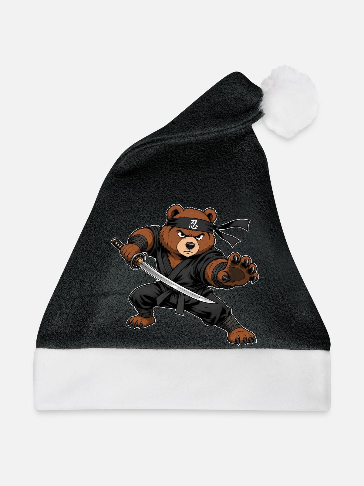 Ninja Bär mit Katana – Samurai Kämpfer - Weihnachtsmütze - Schwarz/Weiß - Vorne