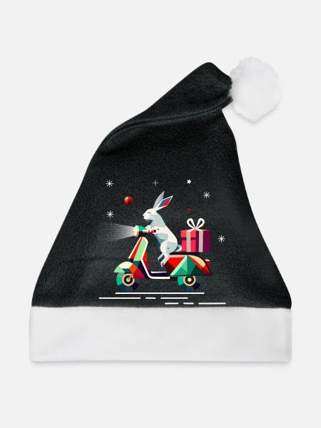 Hase auf einem Roller,mit Geschenk für Weihnachten - Weihnachtsmütze - Schwarz/Weiß - Vorne