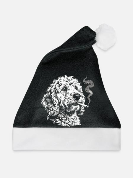 Rauchender Goldendoodle: Lustiges Hunde Meme Desig - Weihnachtsmütze - Schwarz/Weiß - Vorne