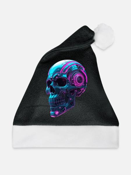 Cyberpunk Skull – Neon Techno Head - Weihnachtsmütze - Schwarz/Weiß - Vorne