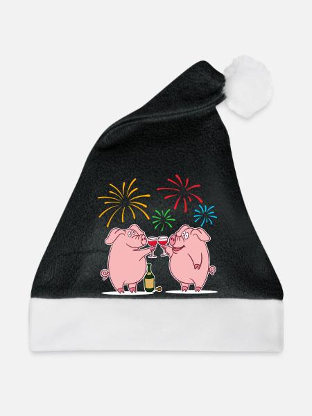 Glücksschwein Glücksbringer Silvester Neujahr - Weihnachtsmütze - Schwarz/Weiß - Vorne