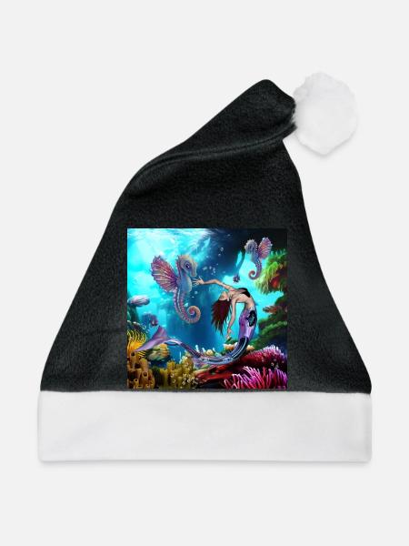 Wunderbare Meerjungfrau mit Seepferdchen - Weihnachtsmütze - Schwarz/Weiß