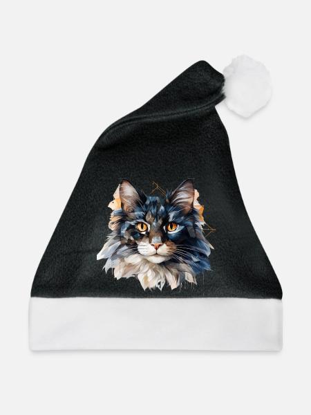 Geometrisches Katzenporträt Facettenkunst - Weihnachtsmütze - Schwarz/Weiß - Vorne