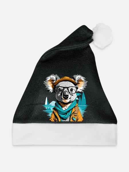 Expeditions-Koala am Meer - Illustration - Weihnachtsmütze - Schwarz/Weiß