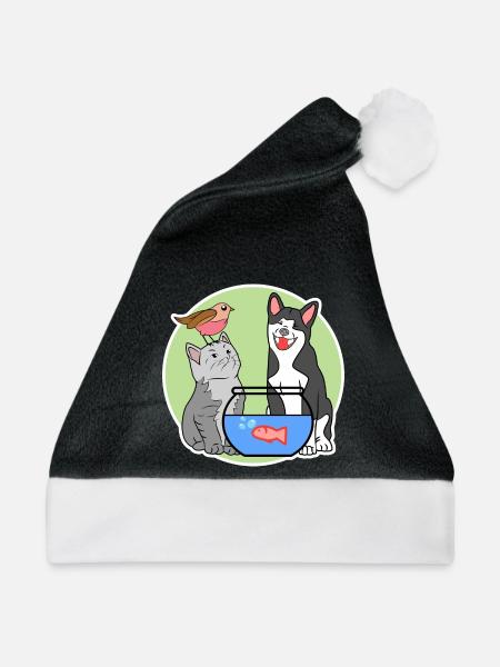 Aquarium Fisch Hund Katze Haustiere Tiere Heimtier - Weihnachtsmütze - Schwarz/Weiß - Vorne