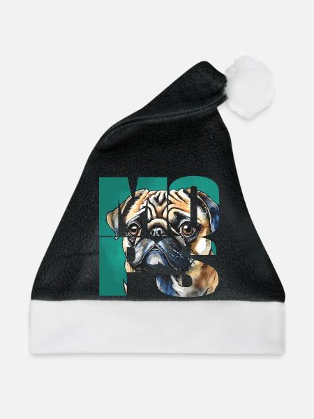 Mops Portrait - Weihnachtsmütze - Schwarz/Weiß