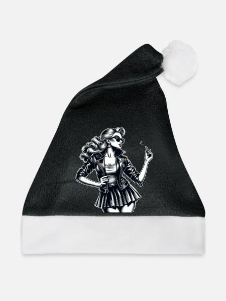 Rockabilly Frau Lederjacke Lippenstift Geschenk - Weihnachtsmütze - Schwarz/Weiß