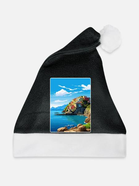 Cinque Terre Italien Patmos Reiseposter Souvenir - Weihnachtsmütze - Schwarz/Weiß - Vorne