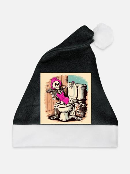 Skelett im Badezimmer mit Badeanzug - Weihnachtsmütze - Schwarz/Weiß - Vorne
