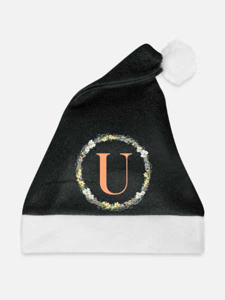 U Monogramm, Blumen-Kranz, personalisierbar - Weihnachtsmütze - Schwarz/Weiß