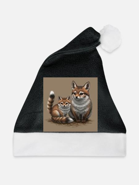 Verspielte Fuchs-Mutter und Kind - Weihnachtsmütze - Schwarz/Weiß
