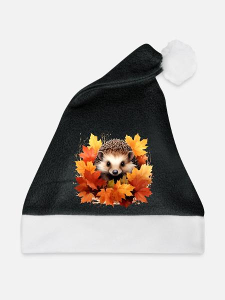 Herbstlicher Igel im Laub - Weihnachtsmütze - Schwarz/Weiß
