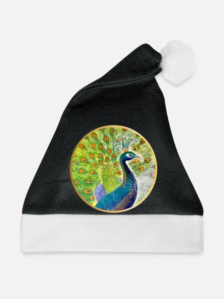 Prächtiger Pfau mit Krone - Weihnachtsmütze - Schwarz/Weiß