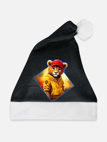 Kleiner Löwe mit roter Kappe - Weihnachtsmütze - Schwarz/Weiß