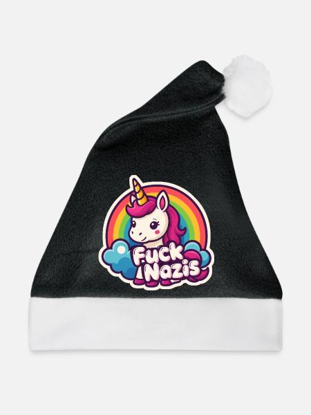 Einhorn Gegen Nazis Regenbogen Rainbow Unicorn - Weihnachtsmütze - Schwarz/Weiß - Vorne