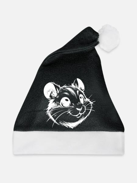 Knuffiger Hamster mit fröhlichen lebhaften Augen - Weihnachtsmütze - Schwarz/Weiß - Vorne