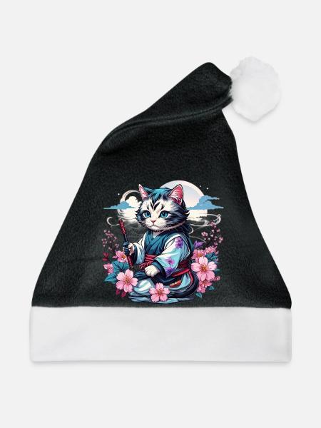 Japanische Kawaii Ninja Katze - Weihnachtsmütze - Schwarz/Weiß
