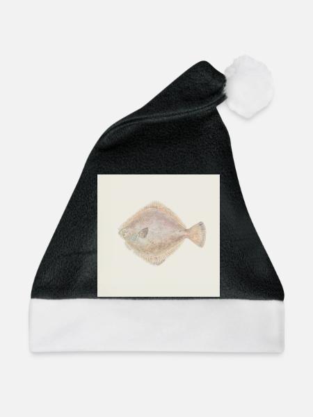 Flunder Fisch Aquarell – Maritime Illustration - Weihnachtsmütze - Schwarz/Weiß